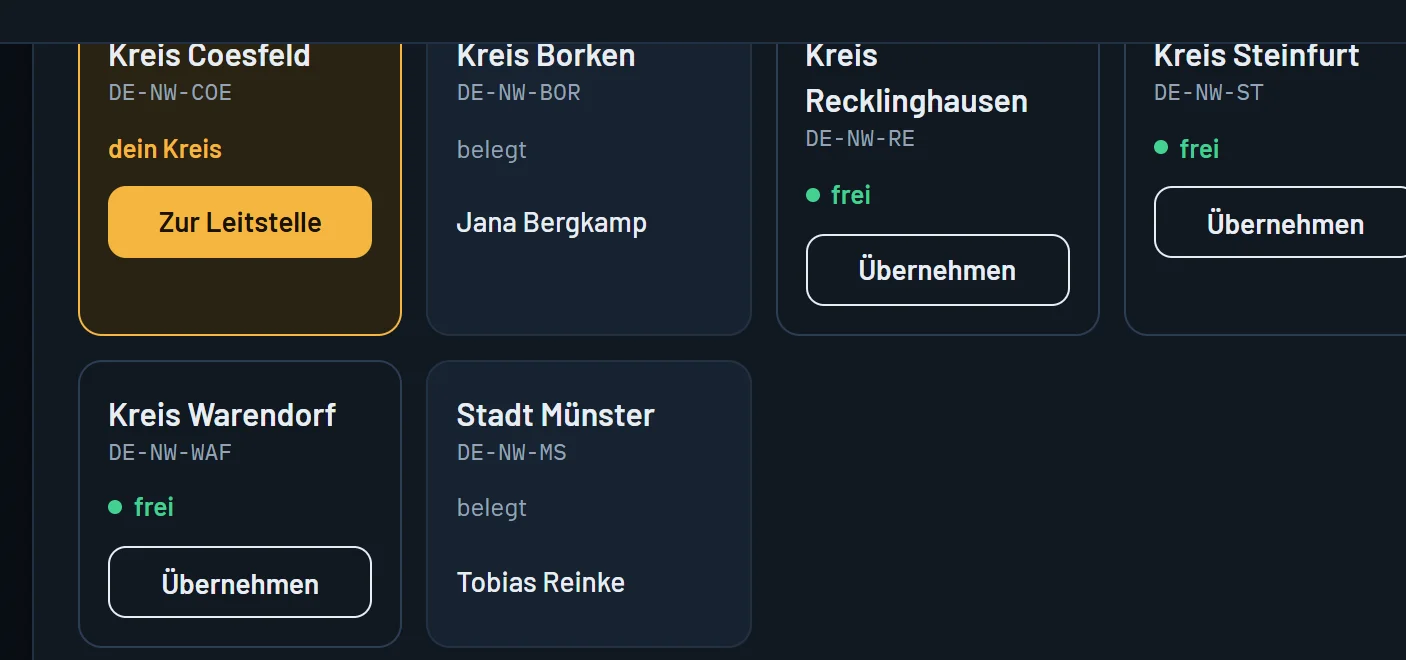 Weltenübersicht aus dem Spiel: eine eigene Partie mit mehreren Kreisen, jeder für einen Mitspieler.