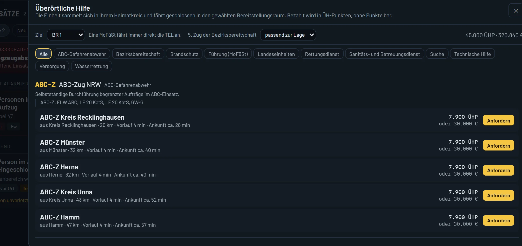Menü überörtliche Hilfe aus dem Spiel: verfügbare Konzepte mit Herkunft, Vorlaufzeit und Kosten.
